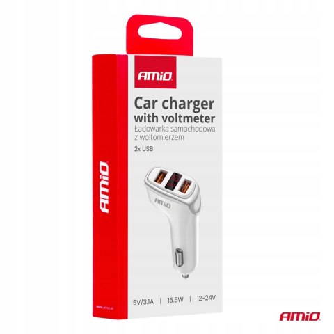 Ładowarka samochodowa do auta samochodu 2x USB-A + woltomierz AMIO-03887 Ładowarka samochodowa do auta samochodu 2x USB-A + woltomierz AMIO-03887