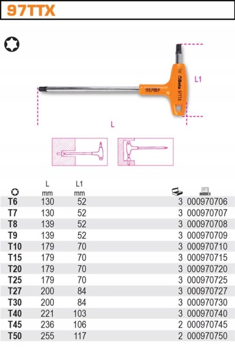 KLUCZ TRZPIENIOWY KĄTOWY TORX 97TTX, T8 BETA KLUCZ TRZPIENIOWY KĄTOWY TORX 97TTX, T8 BETA