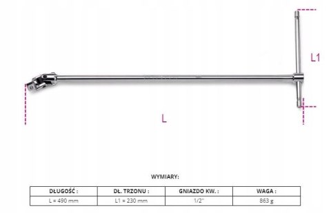 BETA POKRĘTŁO 1/2'' TYPU T Z PRZEGUBEM 490MM 009200850 BETA POKRĘTŁO 1/2'' TYPU T Z PRZEGUBEM 490MM 009200850