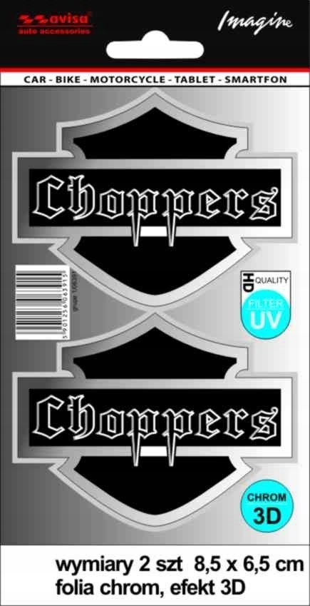 Naklejka na auto CHOPPERS logo motocykl 3D chrom 2 szt. AVISA