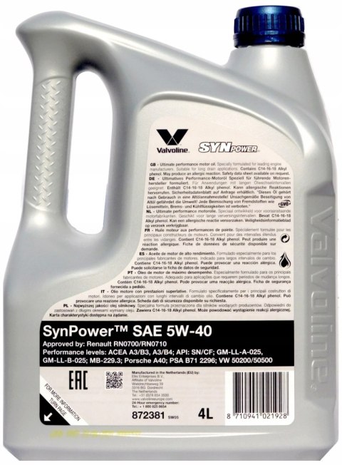 Olej silnikowy Valvoline SynPower 4L 5W-40 Olej silnikowy Valvoline SynPower 4L 5W-40